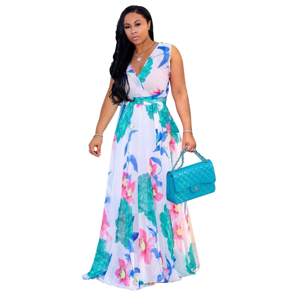 V-Neck Print Long Maxi Dress