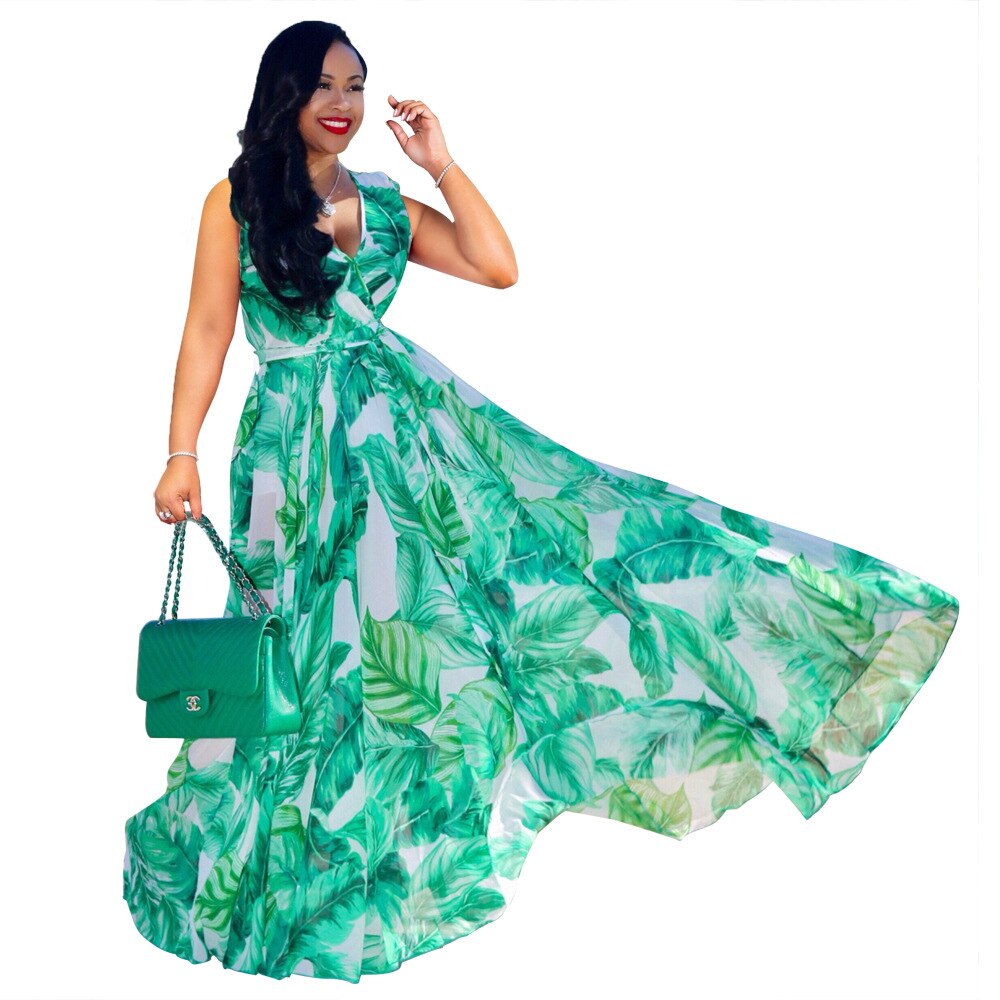 V-Neck Print Long Maxi Dress