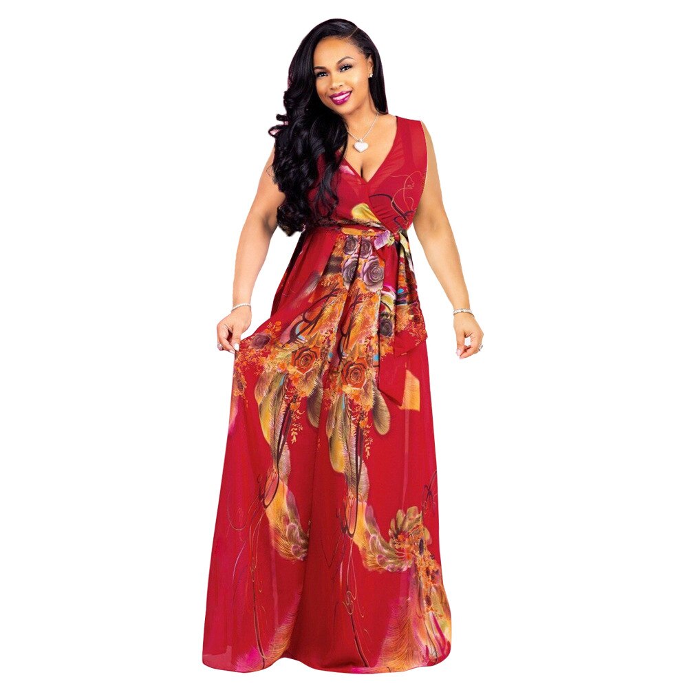 V-Neck Print Long Maxi Dress