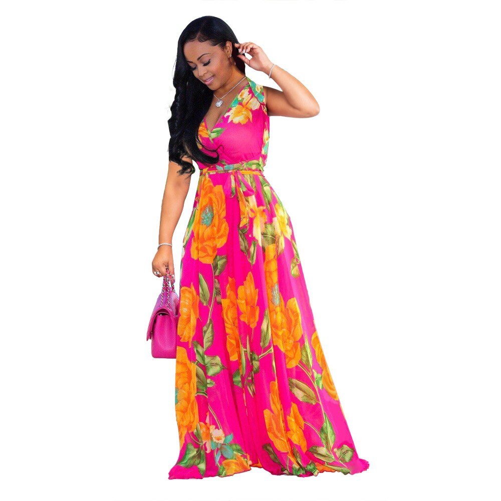 V-Neck Print Long Maxi Dress