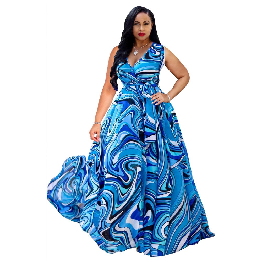 V-Neck Print Long Maxi Dress
