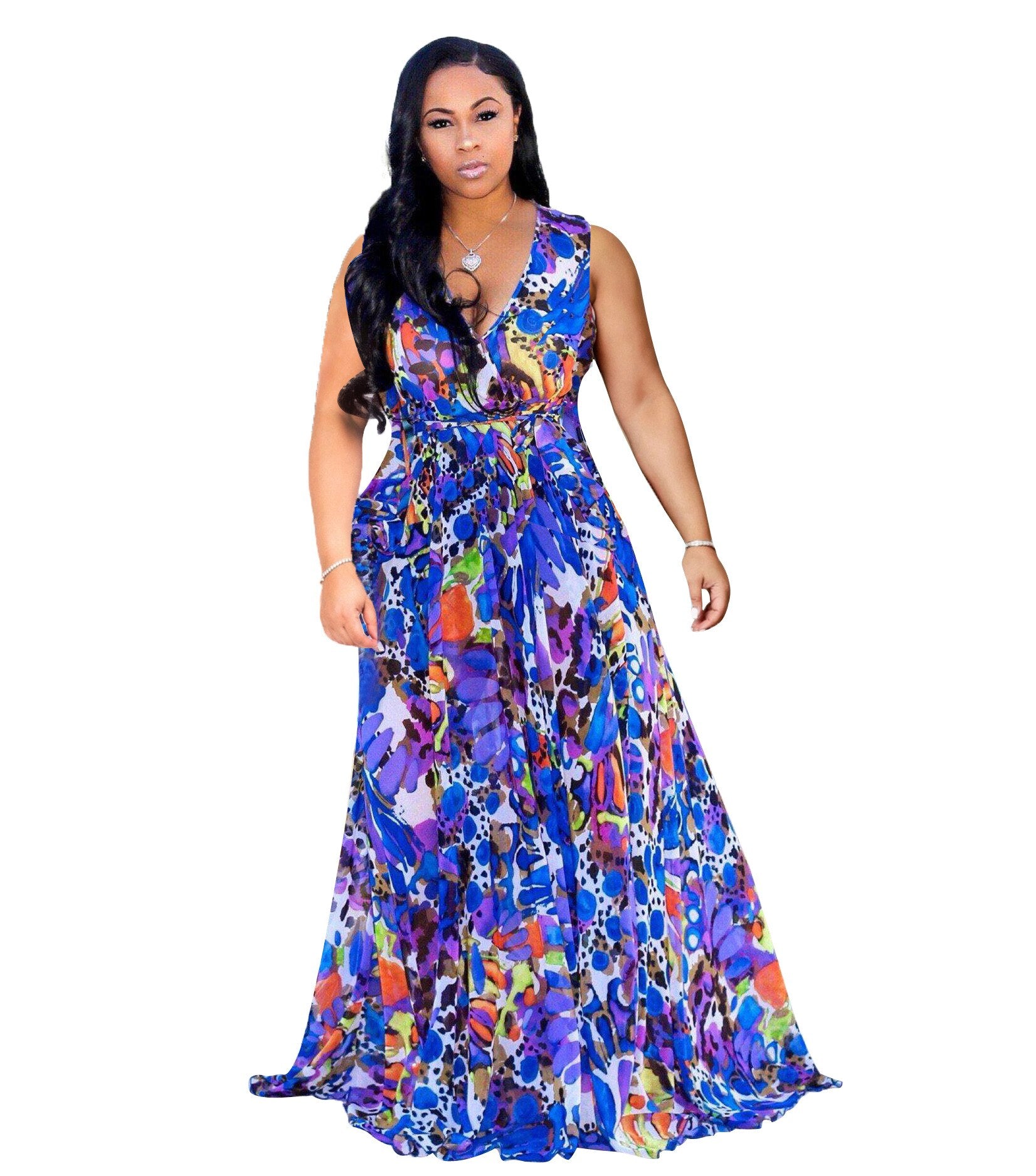 V-Neck Print Long Maxi Dress