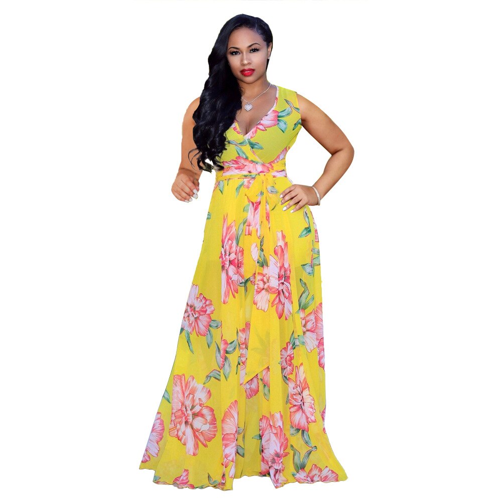 V-Neck Print Long Maxi Dress