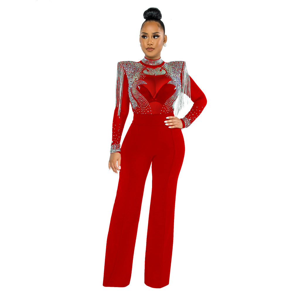 Solid High Collar Mesh Shoulder Cotton Long Sleeves Long Straight Jumpsuit