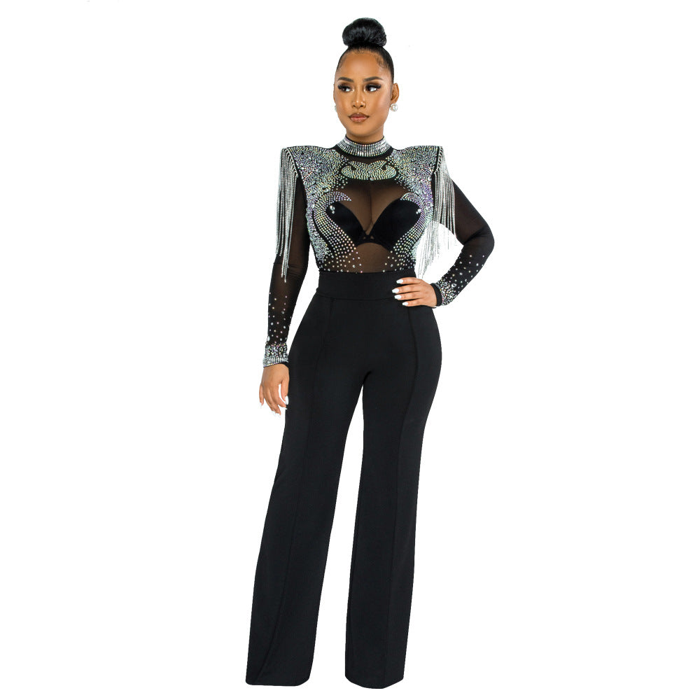 Solid High Collar Mesh Shoulder Cotton Long Sleeves Long Straight Jumpsuit