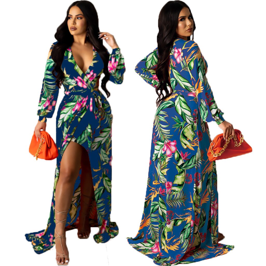 Print Full Sleeve V-neck Bandage Sashes Maxi Dress