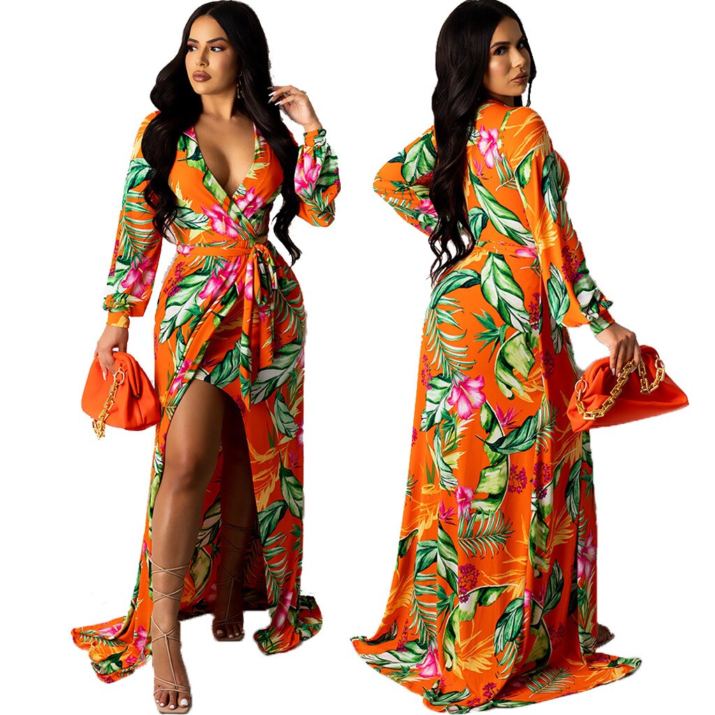 Print Full Sleeve V-neck Bandage Sashes Maxi Dress