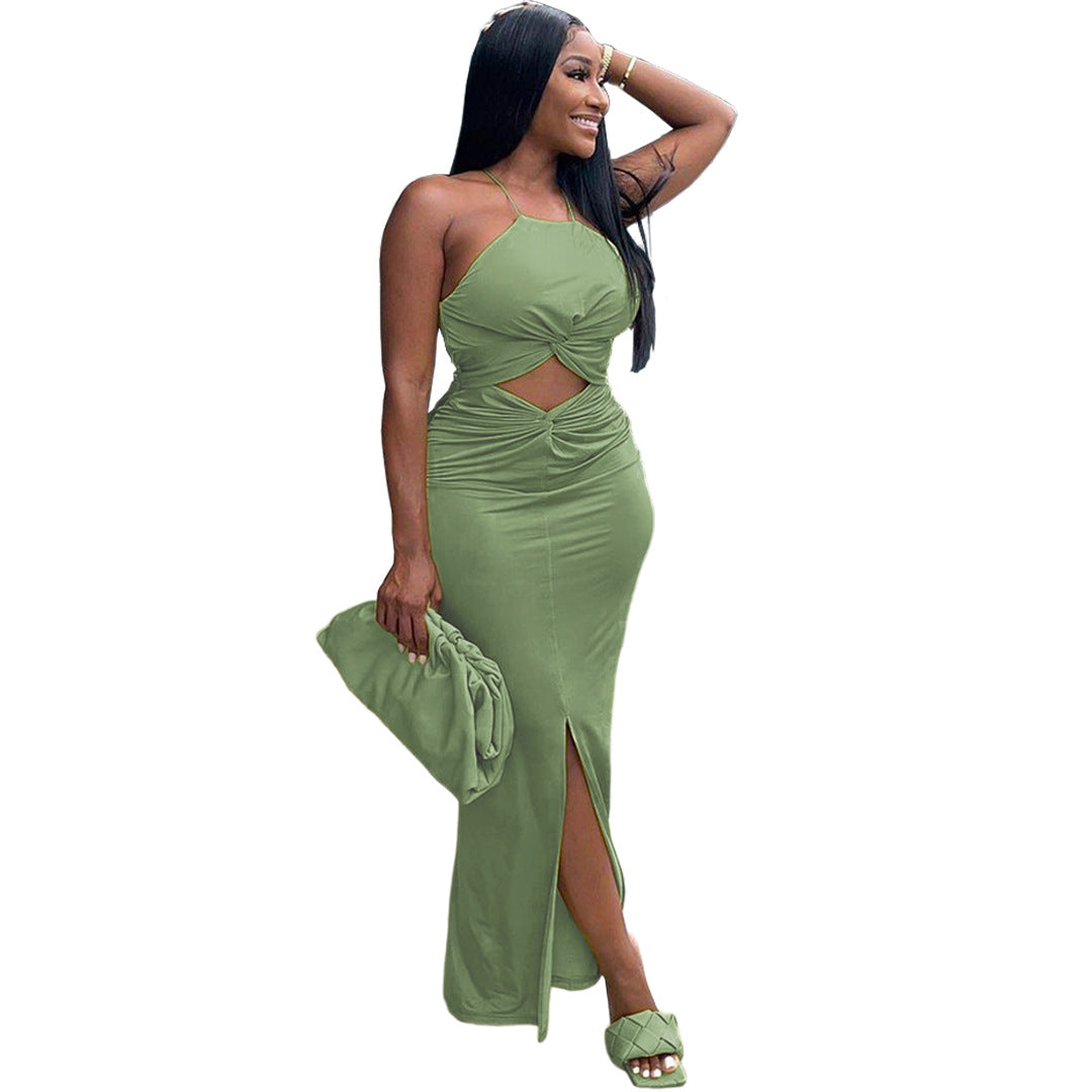 Solid Sleeveless Strap O-neck Hollow Out Back Zip Stacked Split Maxi Dress