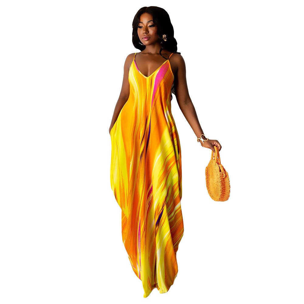 Long Dress Tie Dye Print Sleeveless Strap V-neck Loose Maxi Dress