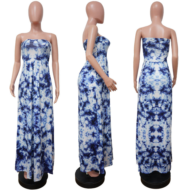 Tie Dye Print Sleeveless Strapless Fit and Flare Loose Maxi Dress