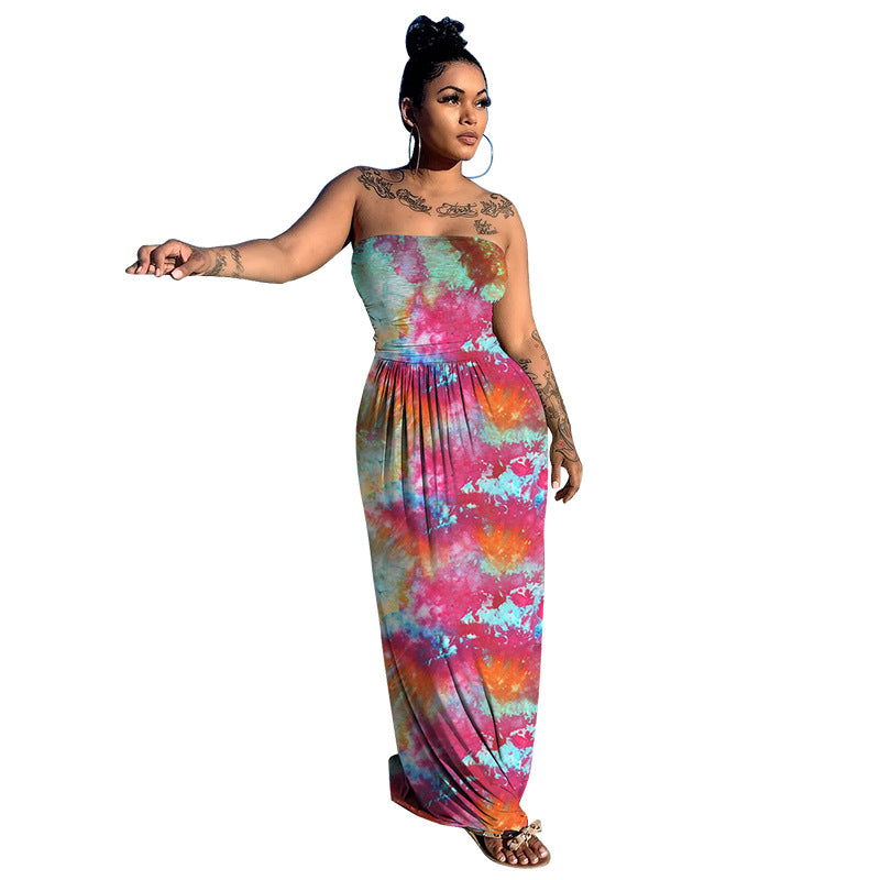 Tie Dye Print Sleeveless Strapless Fit and Flare Loose Maxi Dress