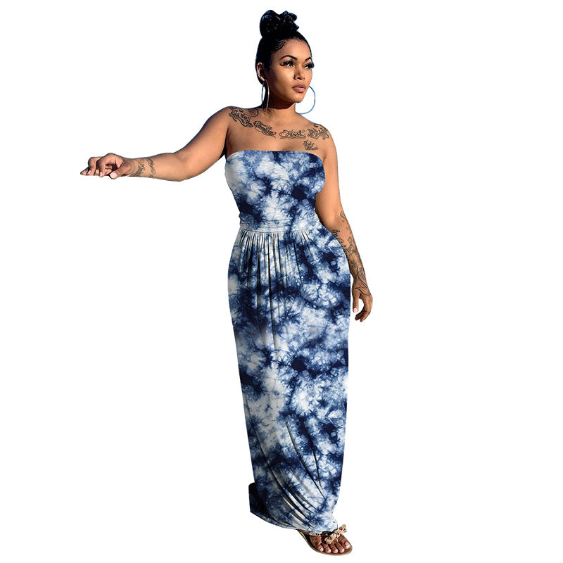 Tie Dye Print Sleeveless Strapless Fit and Flare Loose Maxi Dress
