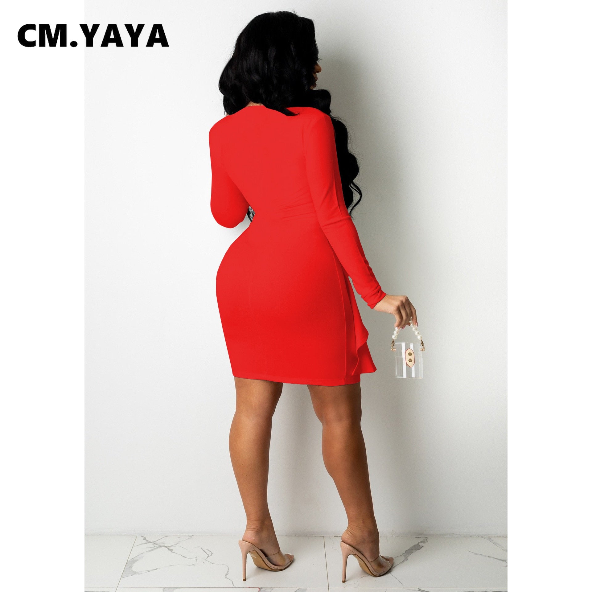 Long Sleeve Deep V-neck Ruffles Bodycon Midi Dress