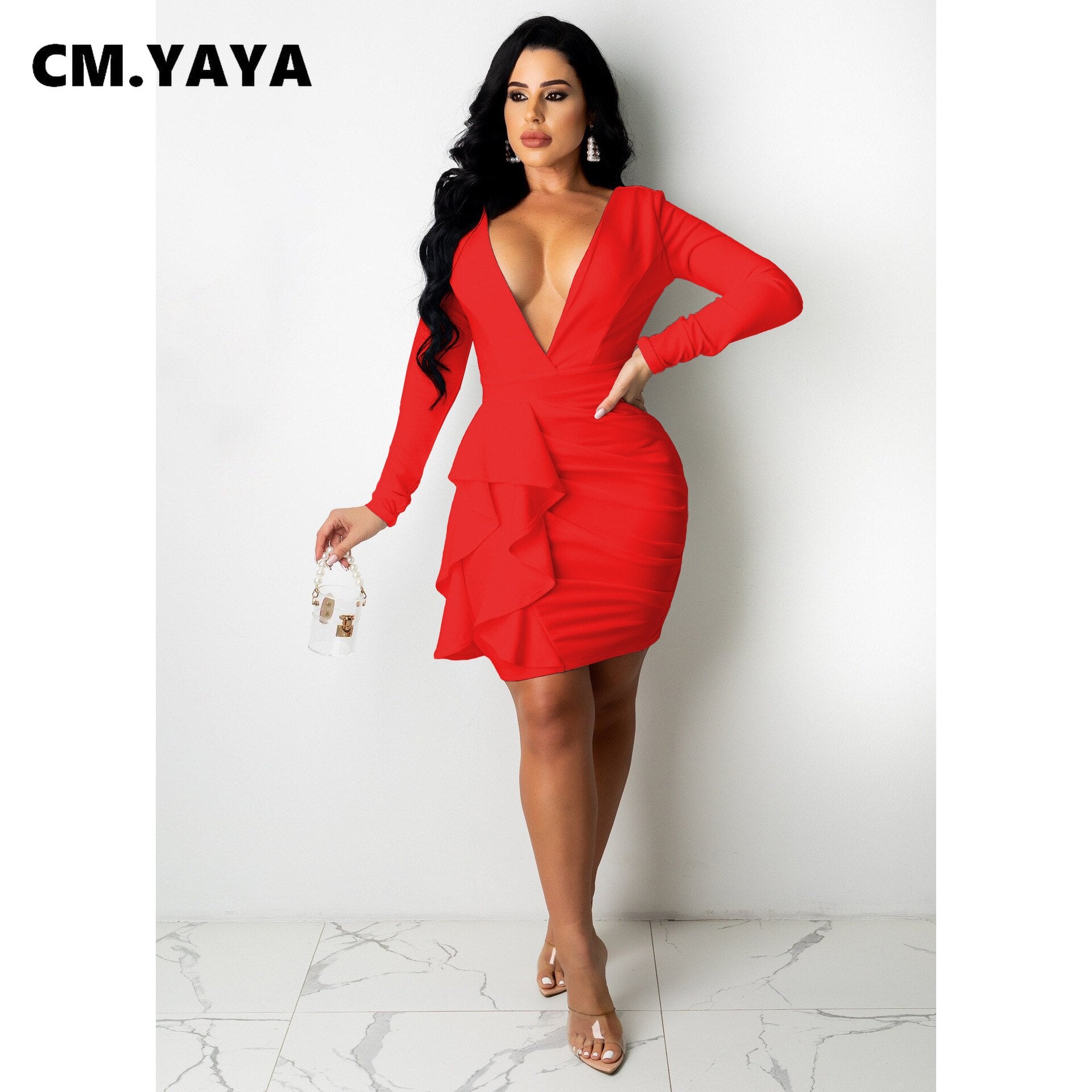 Long Sleeve Deep V-neck Ruffles Bodycon Midi Dress