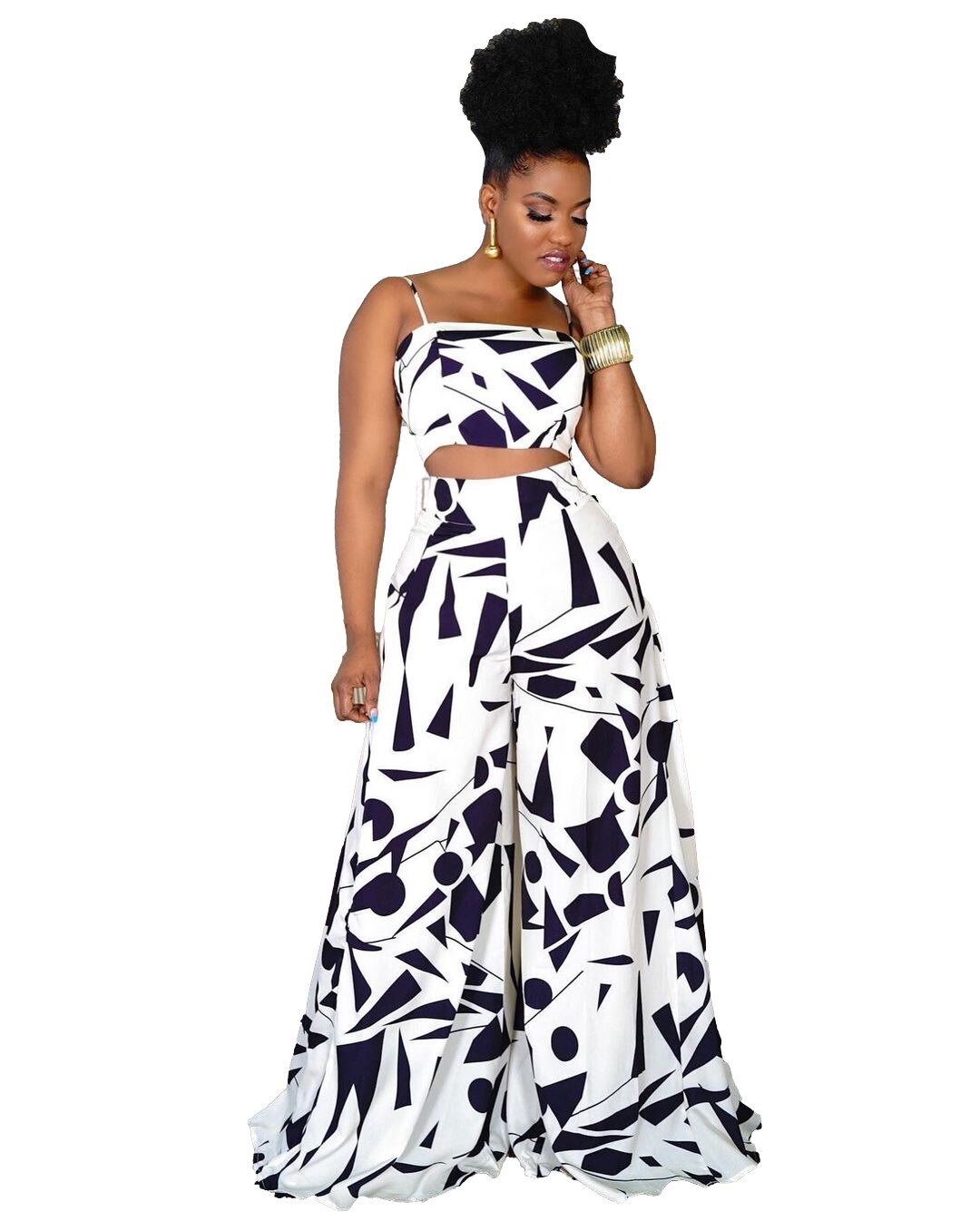 Print Sleeveless Strap Slash Neck Crop Tops Empire Loose Wide Leg Pants