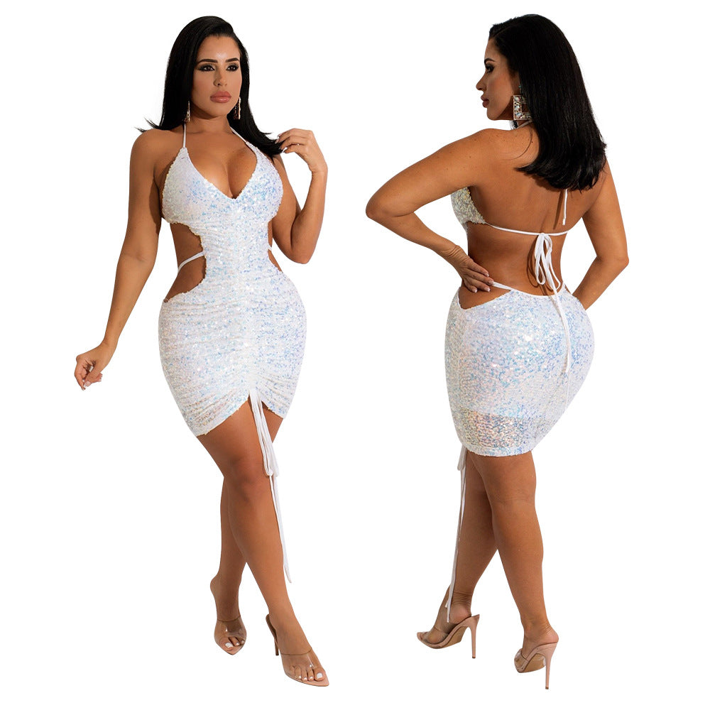 Spaghetti Strap V-Neck Drawstring Ruched Backless Bodycon Mini Dress