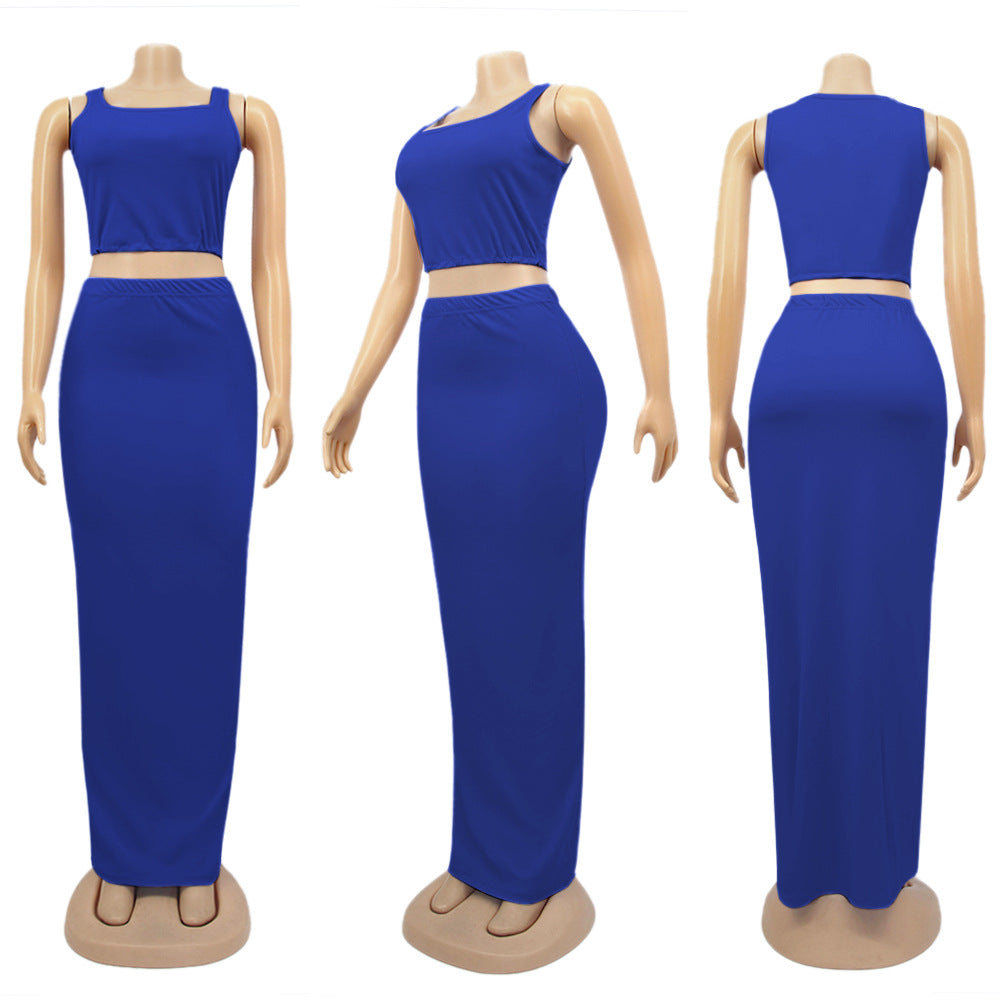 Solid Mini Tank Tops Maxi Skirts  Two Piece Set