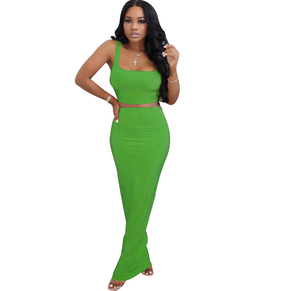 Solid Mini Tank Tops Maxi Skirts  Two Piece Set