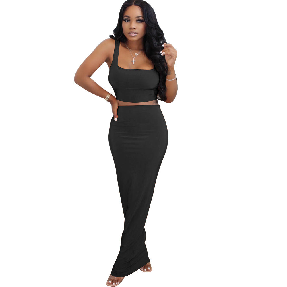 Solid Mini Tank Tops Maxi Skirts  Two Piece Set