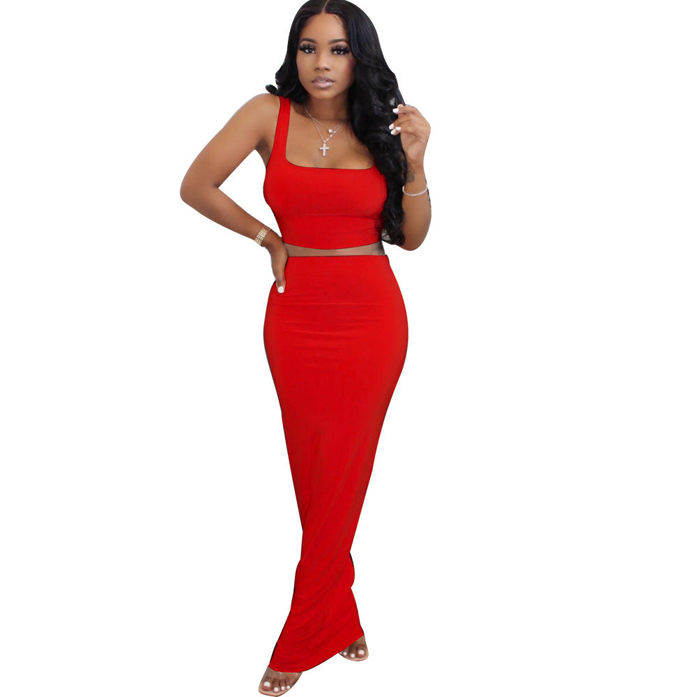 Solid Mini Tank Tops Maxi Skirts  Two Piece Set