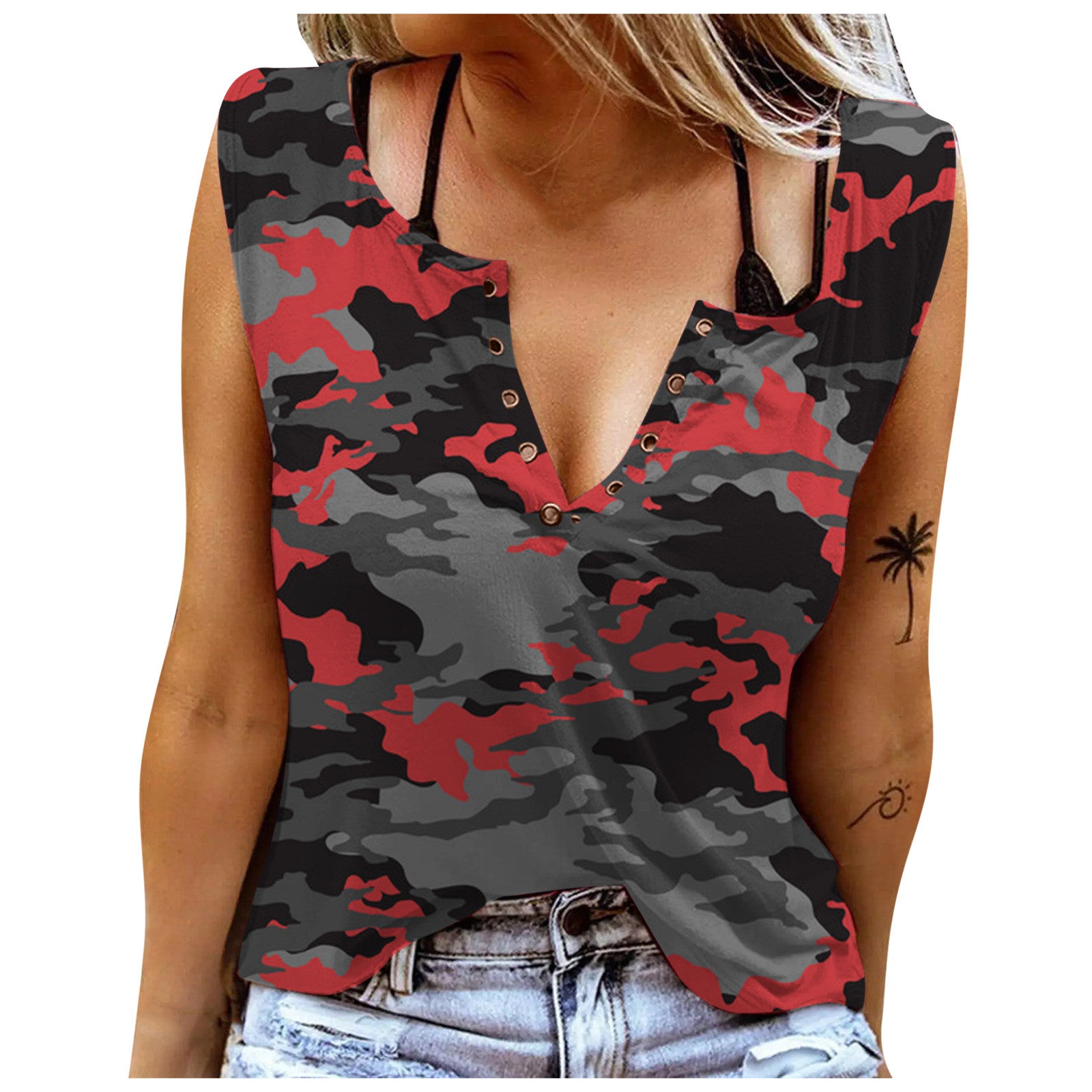 Camouflage V-neck Printed Tank Tops