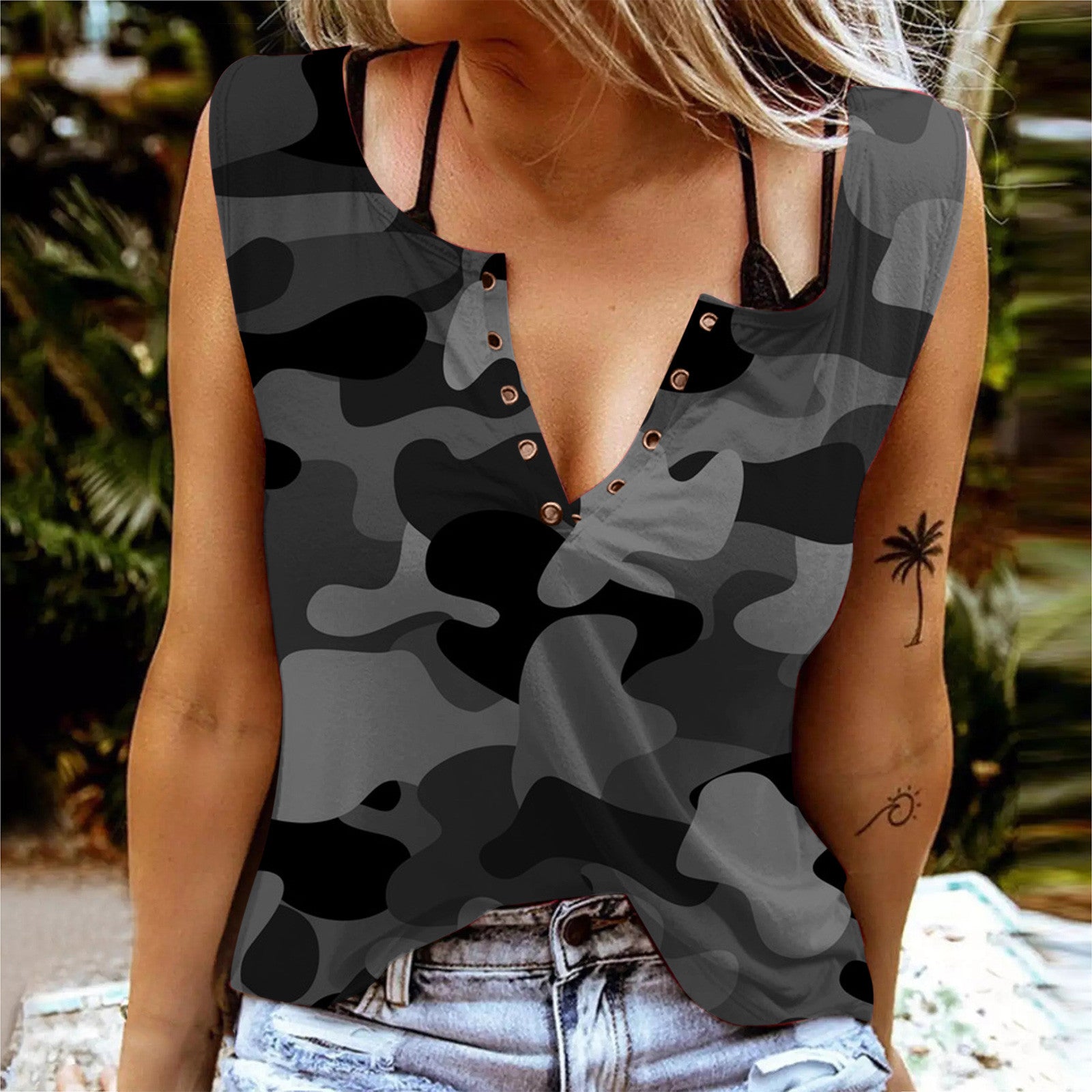 Camouflage V-neck Printed Tank Tops