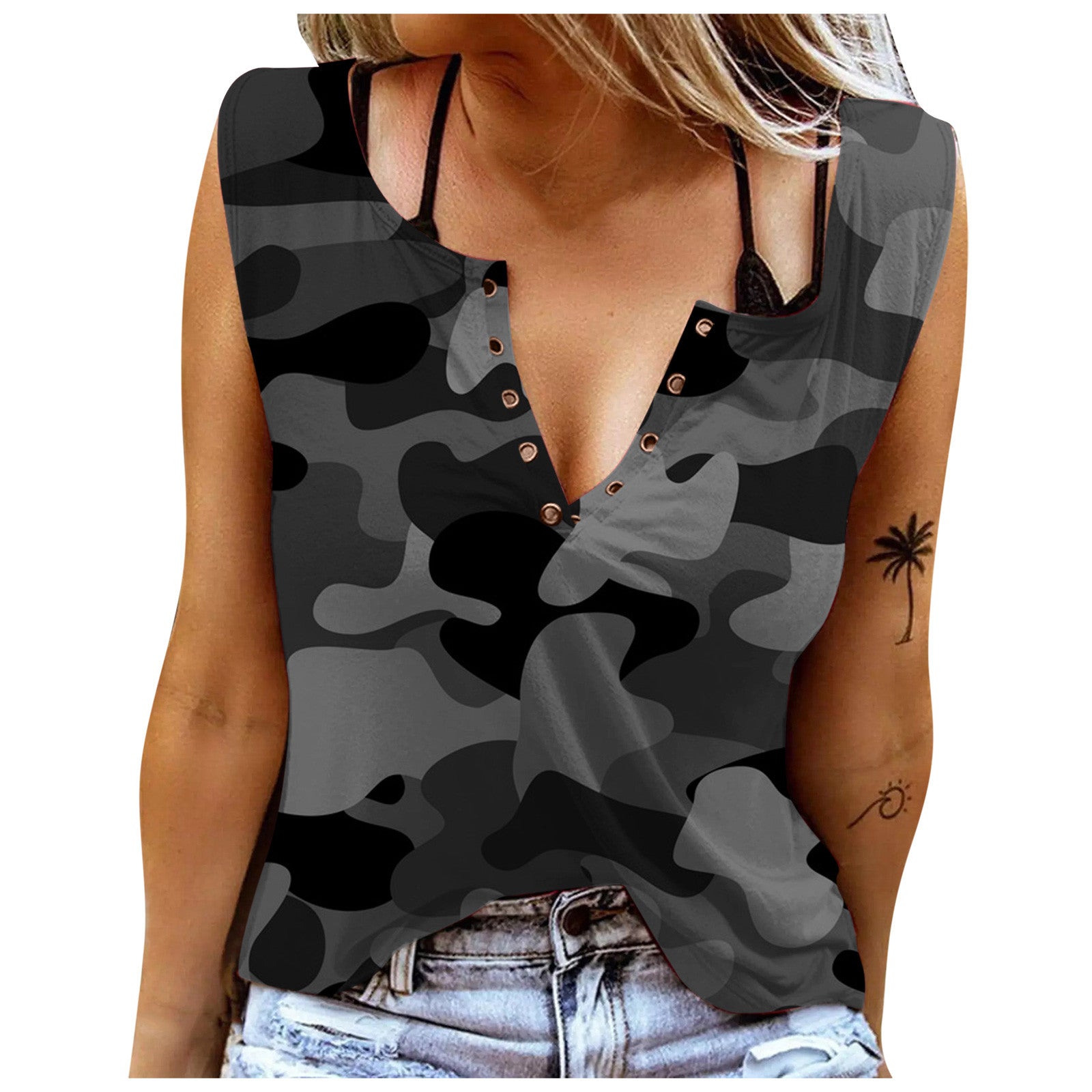 Camouflage V-neck Printed Tank Tops