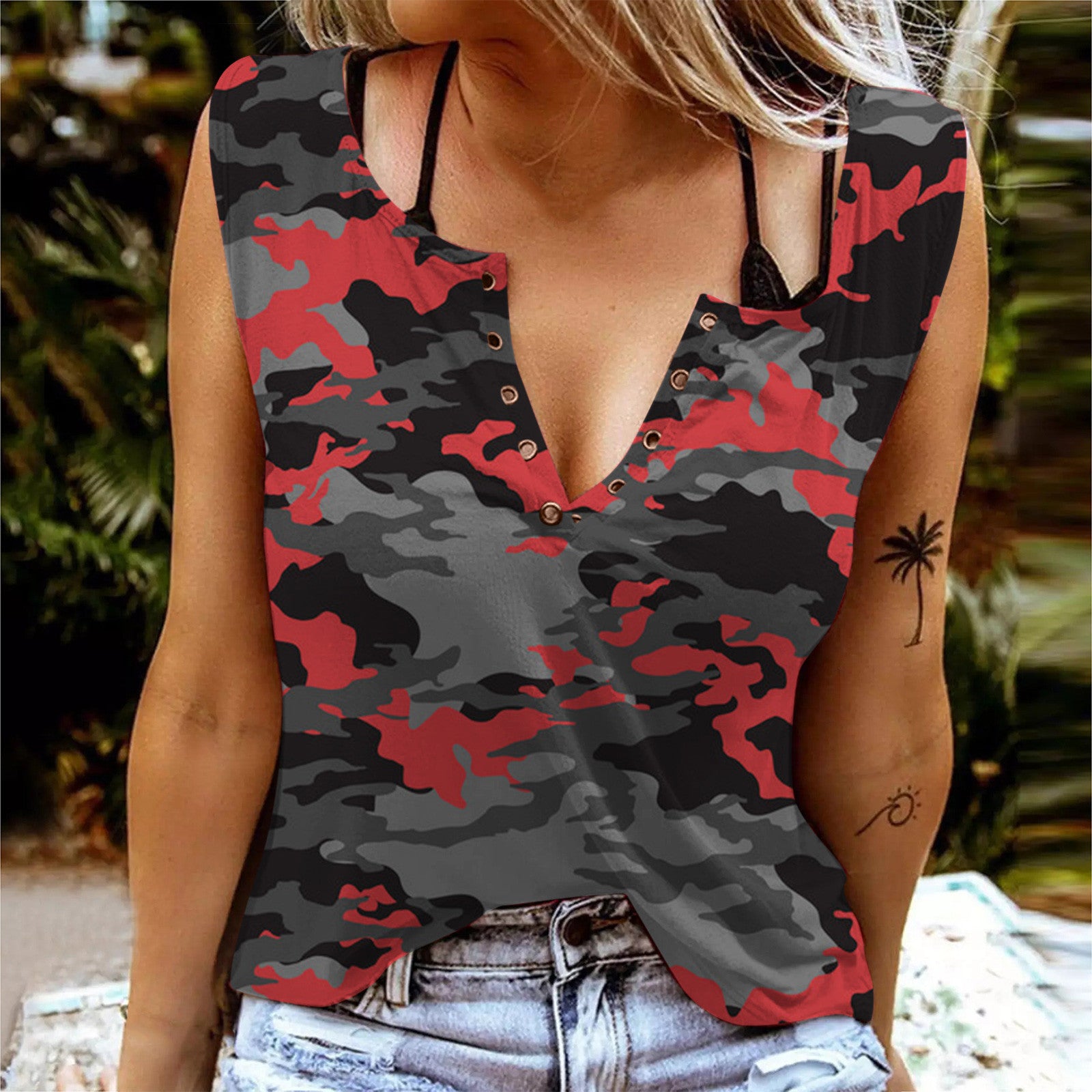 Camouflage V-neck Printed Tank Tops