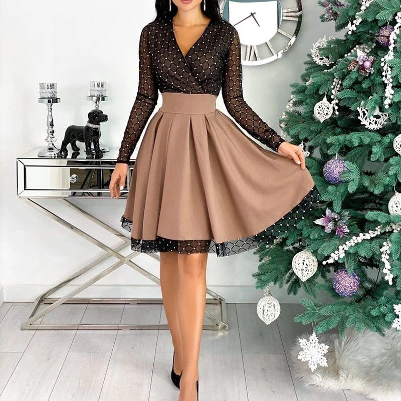 Spring Autumn Sequin  Mesh Sheer Long Sleeve Belted Slim A Line Dress