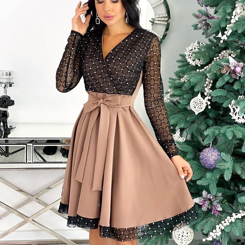 Spring Autumn Sequin  Mesh Sheer Long Sleeve Belted Slim A Line Dress