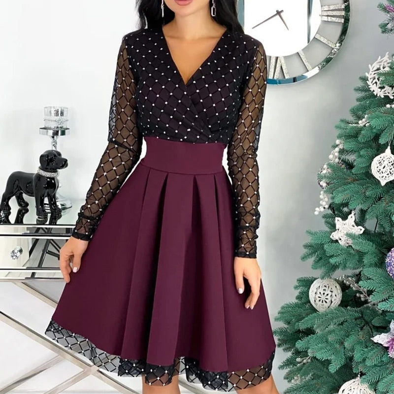 Spring Autumn Sequin  Mesh Sheer Long Sleeve Belted Slim A Line Dress