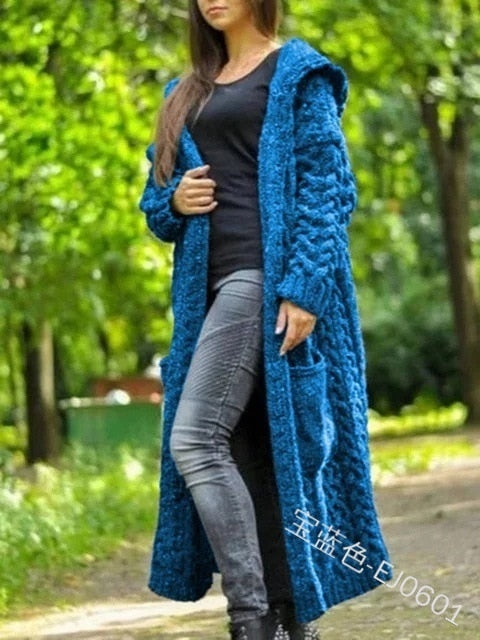 Solid Color Long Sleeve Braid Knit Hooded Cardigan