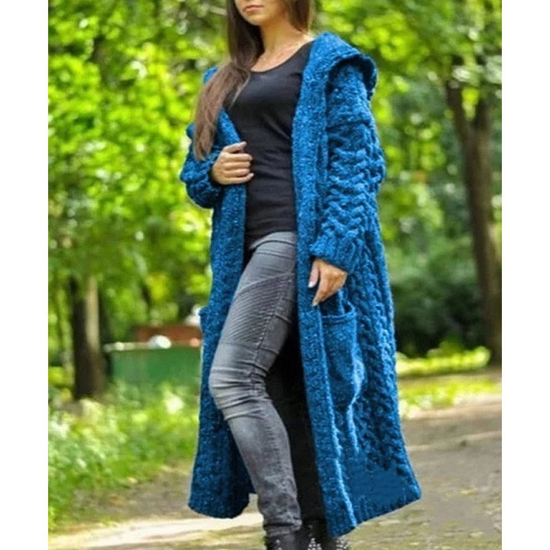 Solid Color Long Sleeve Braid Knit Hooded Cardigan