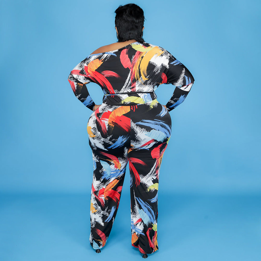 Printed Diagonal Shoulder Strap Lace-up Elegant Jumpsuit