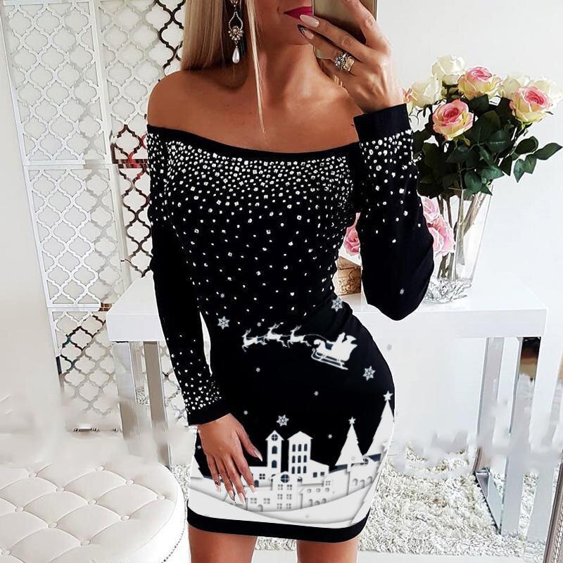 Christmas Snowflake Deer Printed Long Sleeve O Neck Mini Dress