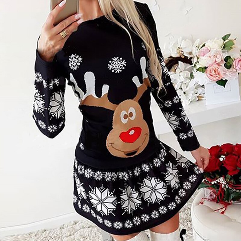 Christmas Snowflake Deer Printed Long Sleeve O Neck Mini Dress