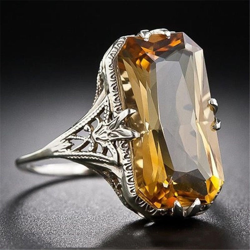 Citrine hollowed-out Carved 925 Silver Rings