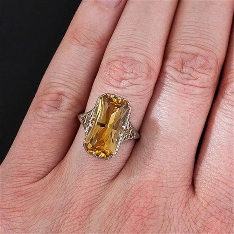 Citrine hollowed-out Carved 925 Silver Rings