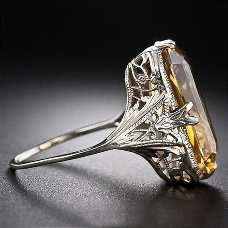 Citrine hollowed-out Carved 925 Silver Rings