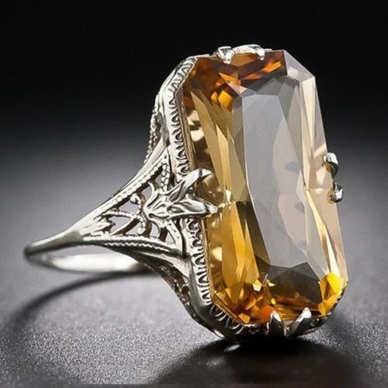 Citrine hollowed-out Carved 925 Silver Rings