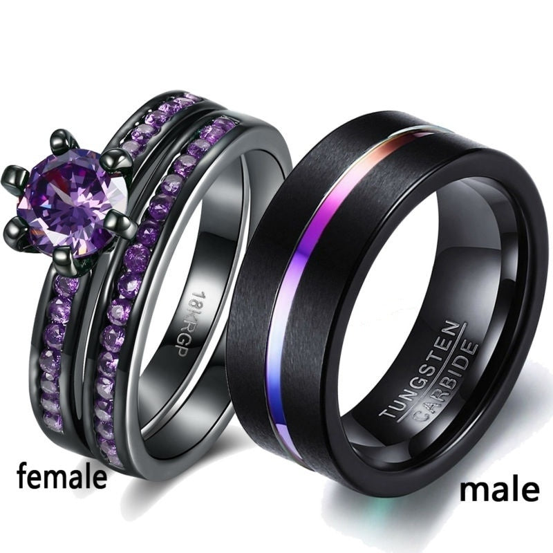 Couple Ring Stainless Steel  Purple Crystal Bands