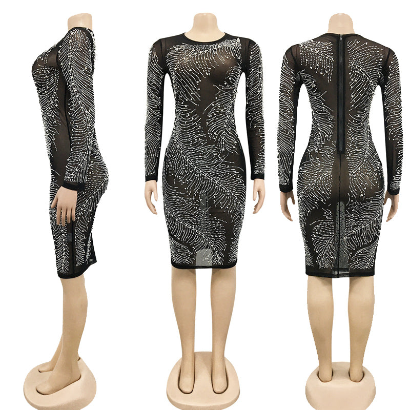 Crystal Rhinestone  See Through Sheer Mesh Midi Bodycon Dress