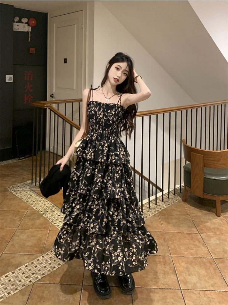 Vintage Elegant Layered High Waist Black Long Slip Floral Fairy Dresses