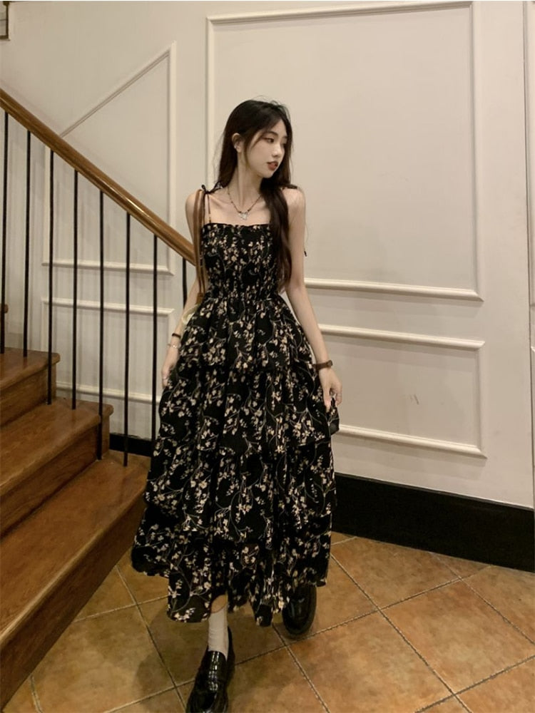 Vintage Elegant Layered High Waist Black Long Slip Floral Fairy Dresses