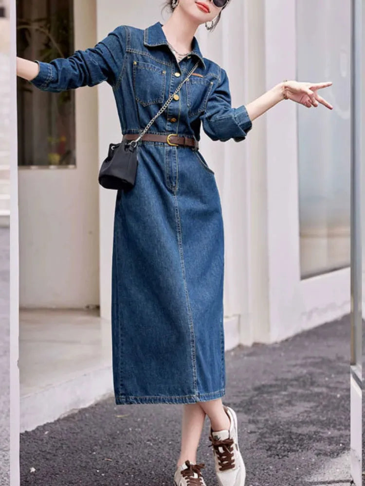 2023 Autumn Korean Fashion Vintage Denim Dress