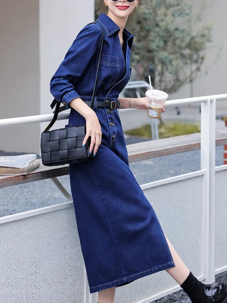 Autumn French Style Vintage A-line Long Sleeve Top Belt Split  Mid Length Denim Dress