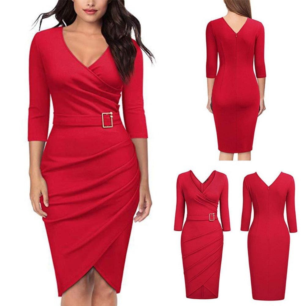 Solid Color Women V Neck 3/4 Sleeve High Waist Belted Pencil Dress