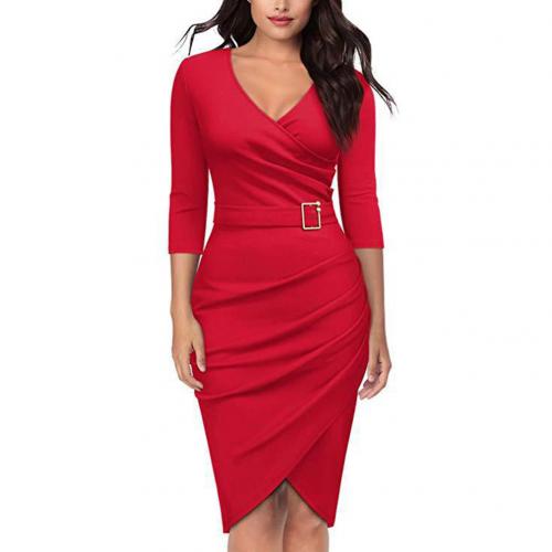 Solid Color Women V Neck 3/4 Sleeve High Waist Belted Pencil Dress