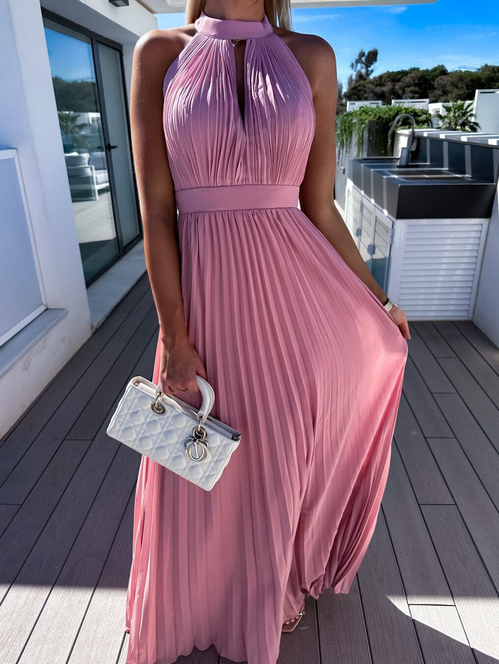Sexy Solid  Hanging Neck Press Pleats Dress