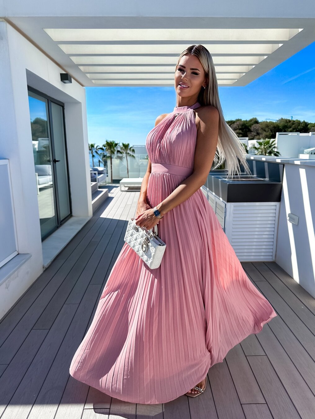 Sexy Solid  Hanging Neck Press Pleats Dress